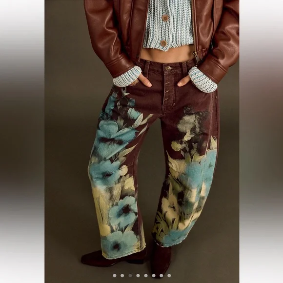 Free People We The Free Good Luck Printed Barrel Jeans Washed Floral - Picture 3 of 6